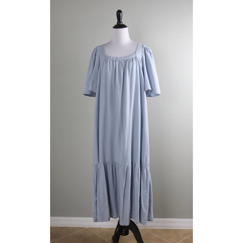 ZARA Square Neck Shirred Cotton Linen Blue Casual Midi Dress Size XS / Small